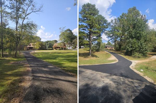 Before and after driveway paving on a wooded residential property with a newly paved asphalt driveway